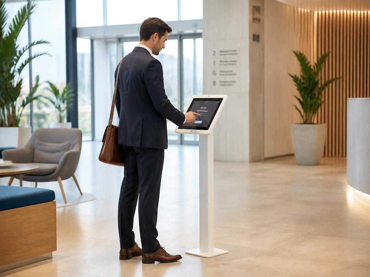 Visitor checking in on a Lobbipad iPad floor stand in an unmanned lobby