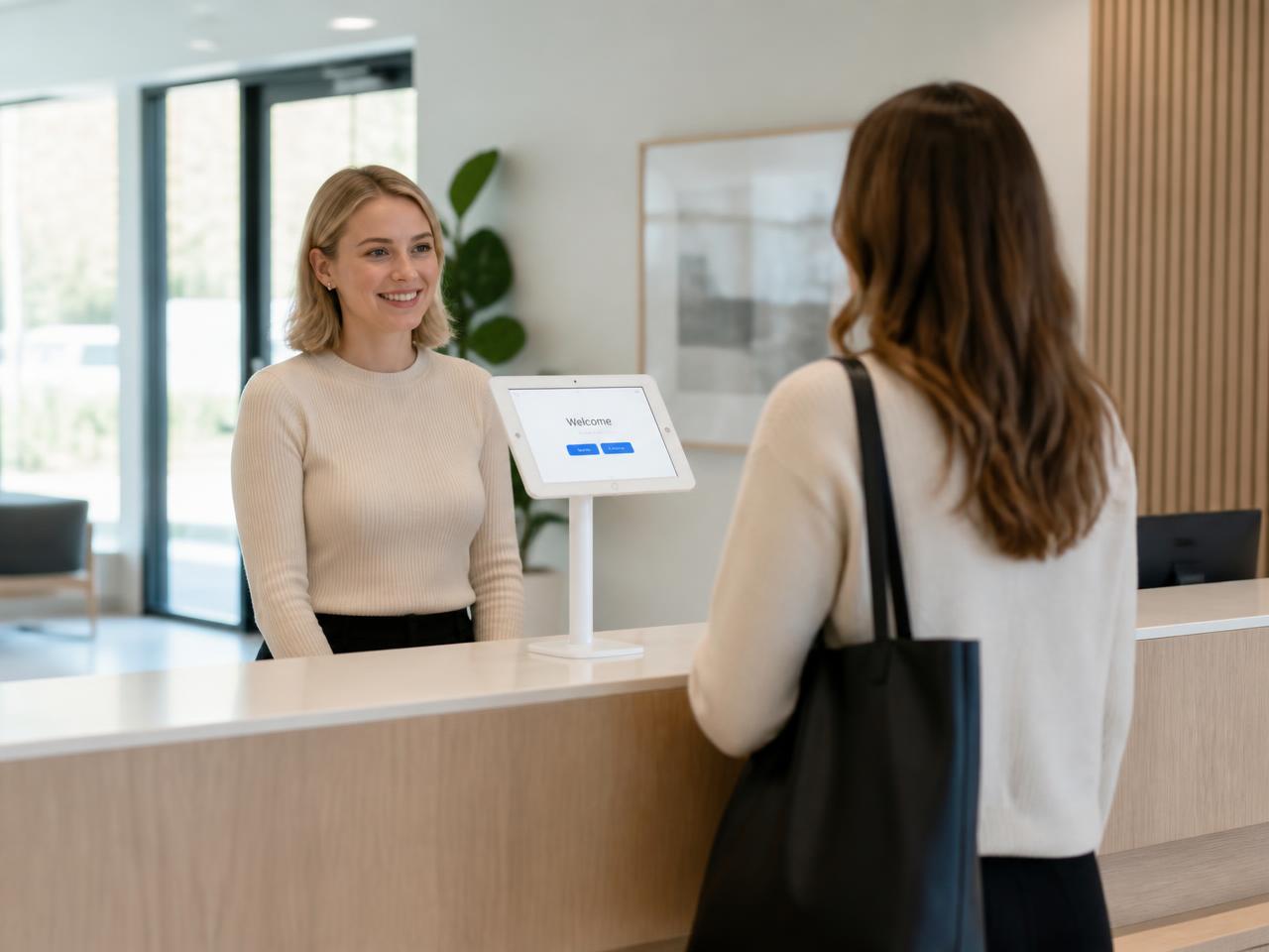 Receptionist welcoming a visitor next to a Lobbipad iPad counter stand